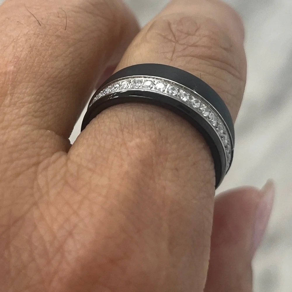 New 8mm dome clear CZ black IP plated Eternity Tungsten Wedding Band Ring